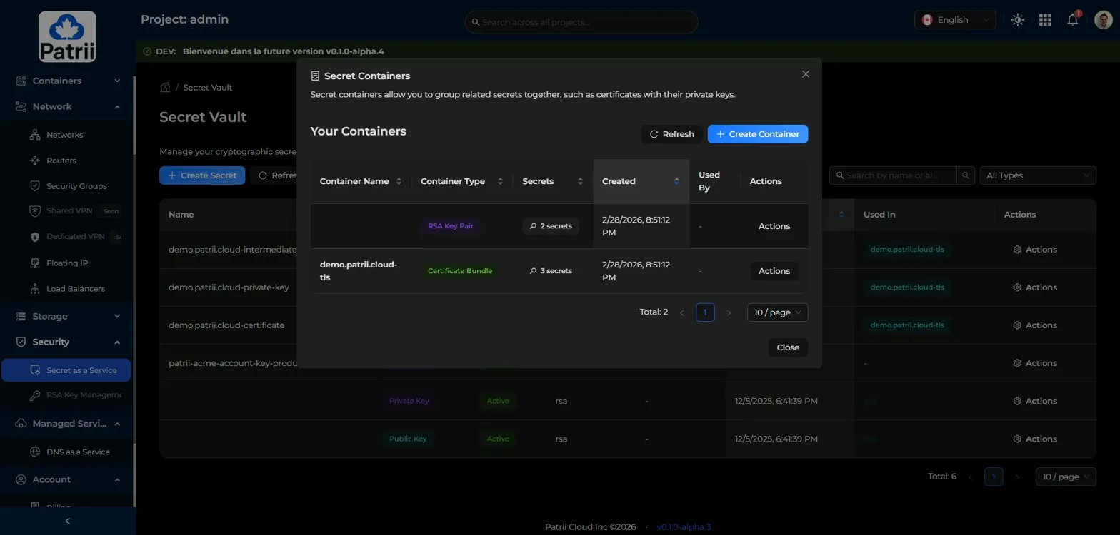 Secret Containers modal showing RSA Key Pair and Certificate Bundle containers