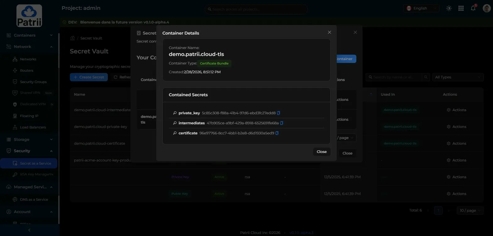 Container Details showing private_key, intermediates, and certificate with their secret IDs