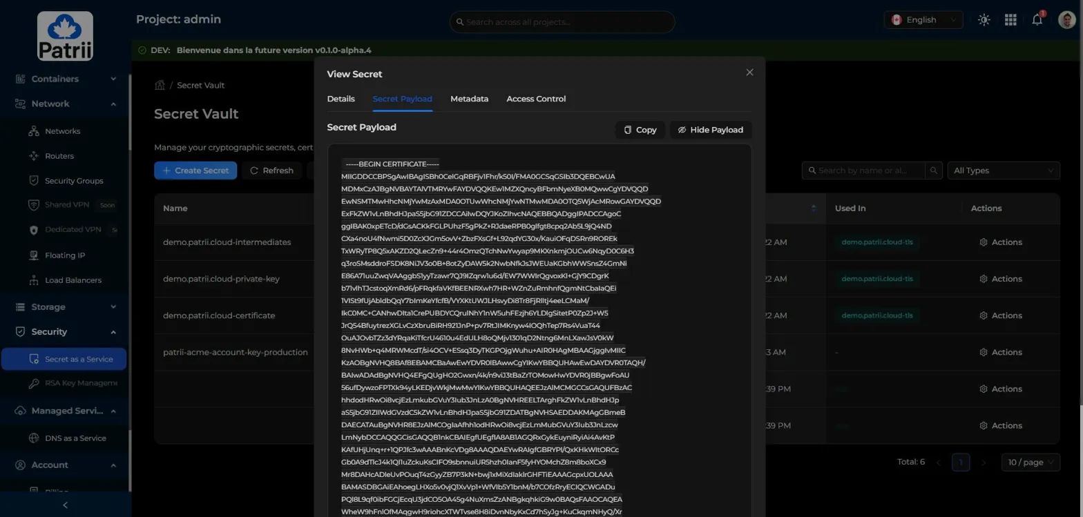 Secret Payload tab showing the actual certificate content