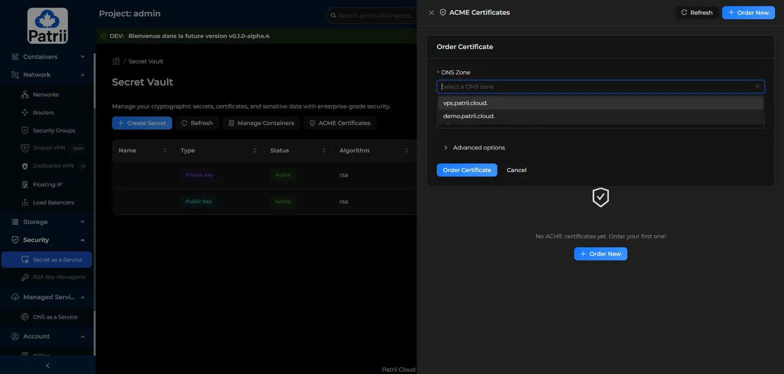 Order Certificate form showing DNS zone dropdown with available zones