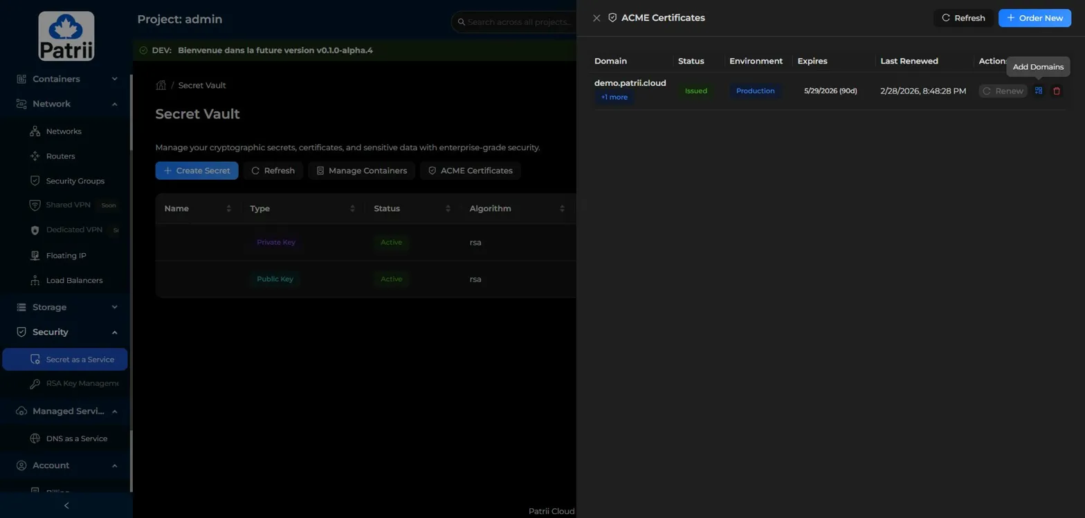 ACME Certificates panel showing Add Domains action