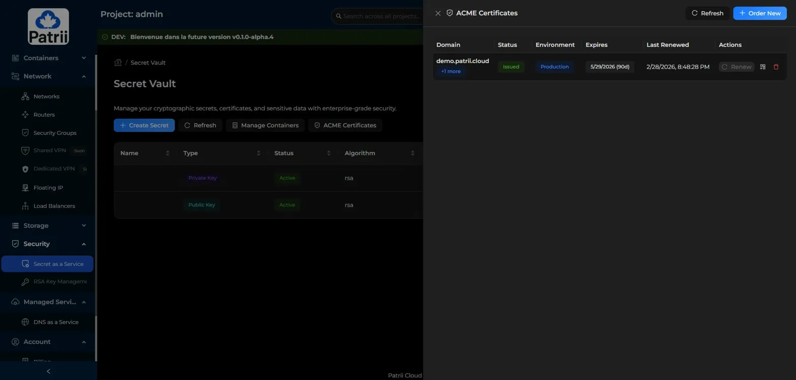 Panneau des certificats ACME affichant un certificat émis avec des informations sur le statut, l'expiration et le renouvellement