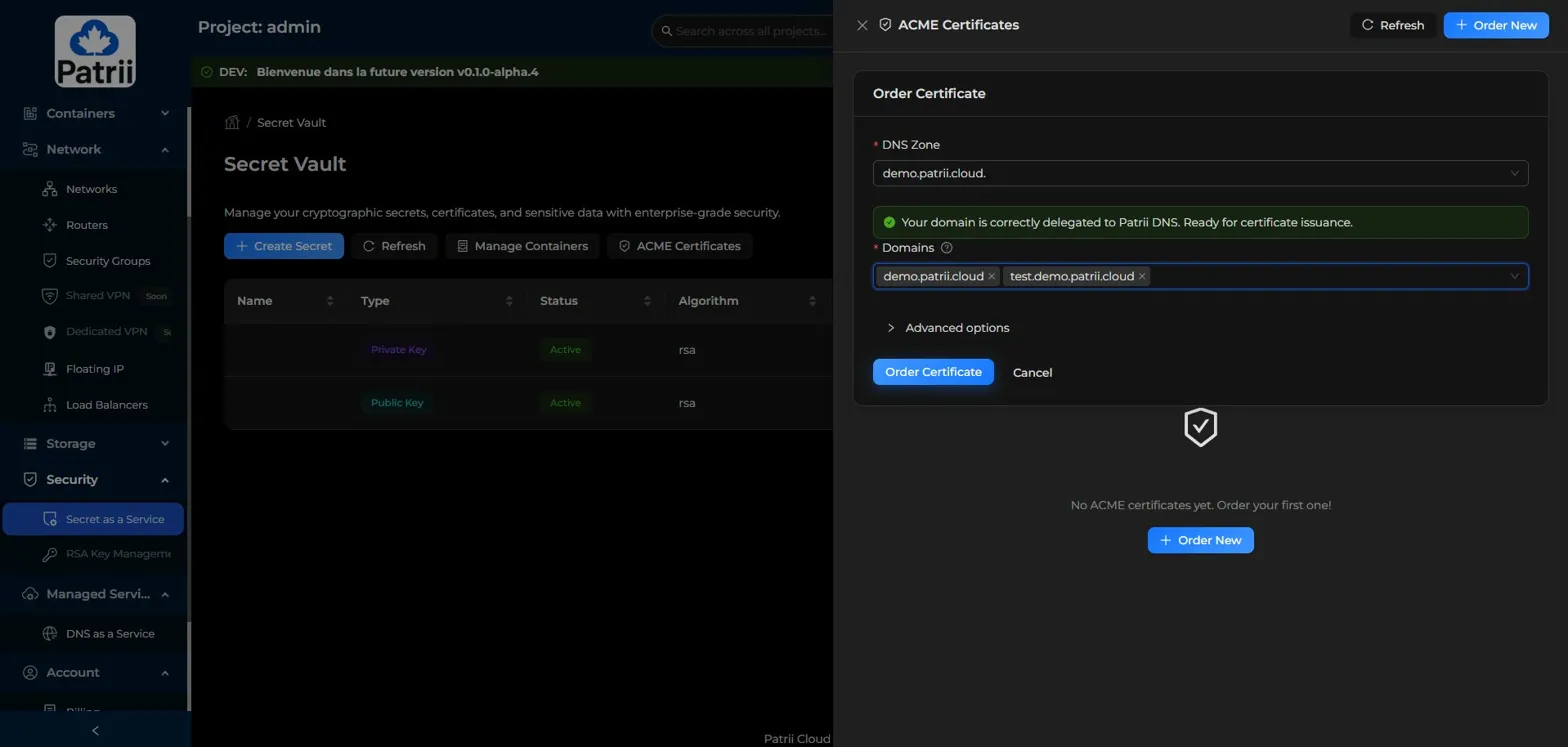 Order Certificate form showing multiple domains added with delegation check passed