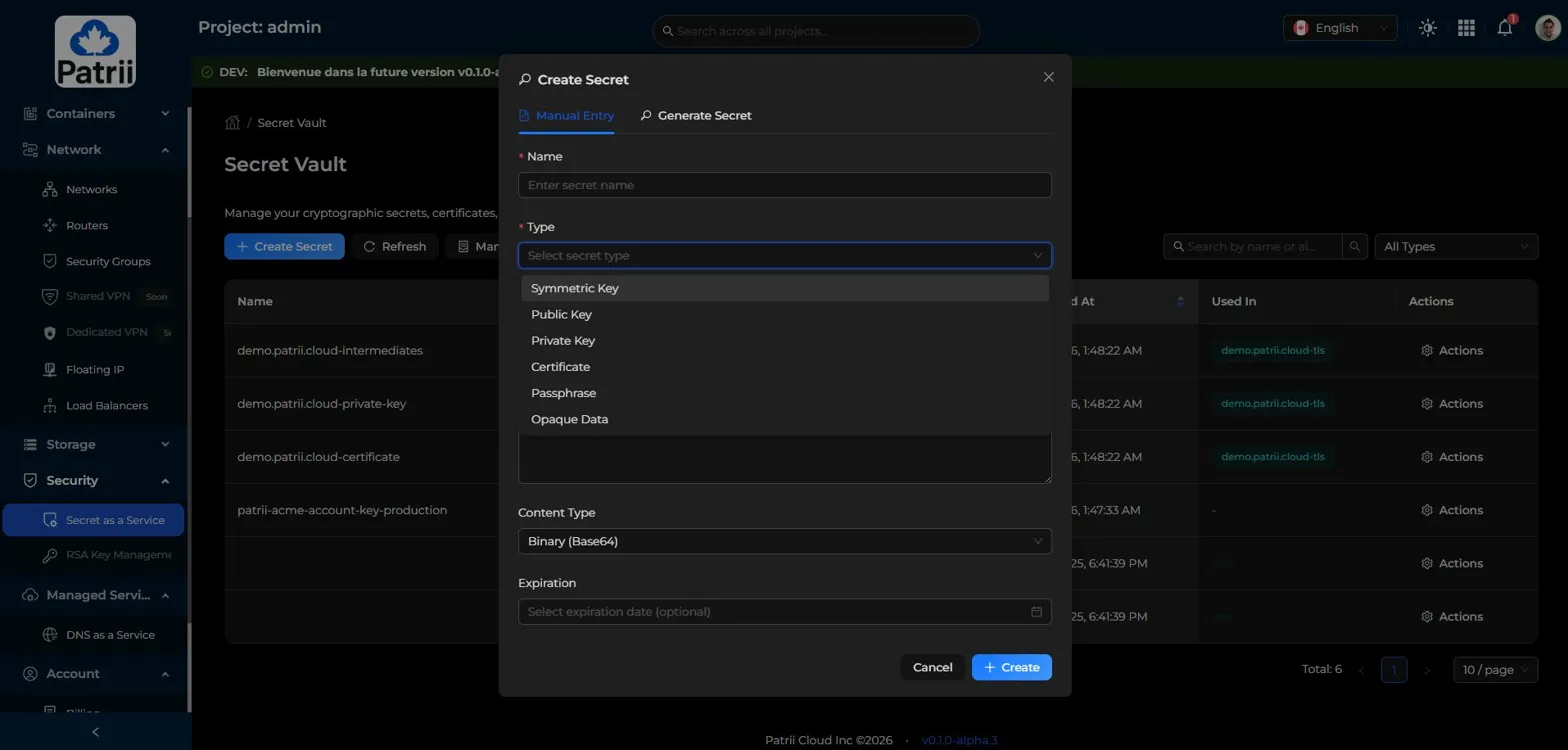 Create Secret modal showing all available secret types