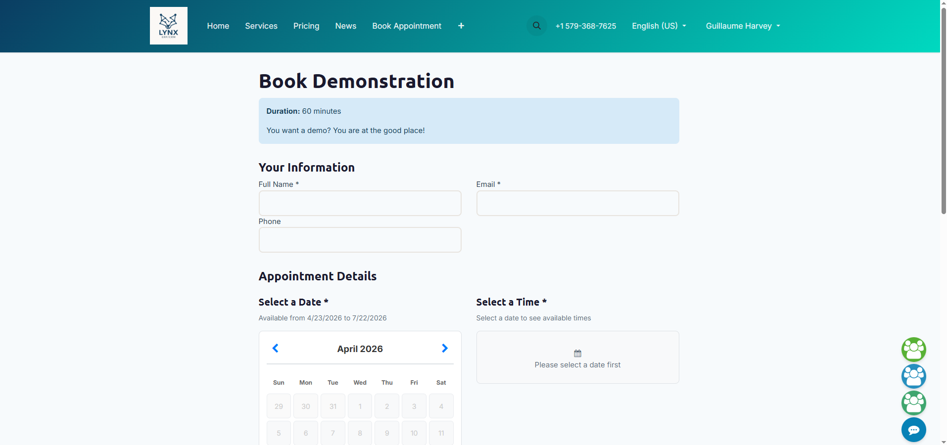 Calendar Booking page